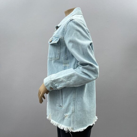 Thread & Supply Light‎ Wash Denim Trucker Jacket Distressed Frayed Hem Womens S - Picture 3 of 11